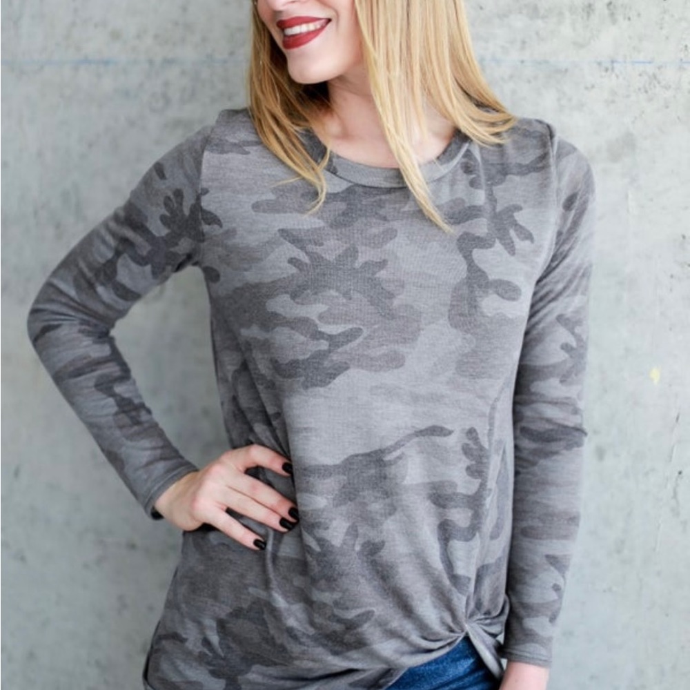 Camo long sleeve top with twist front